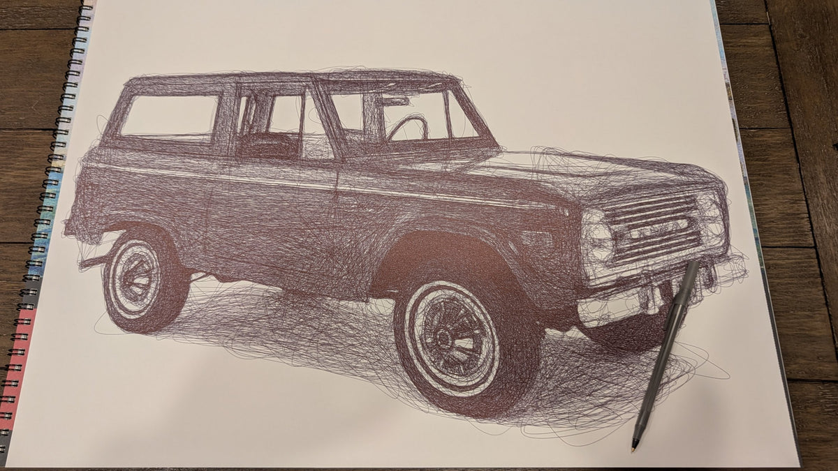 1st Gen Ford Bronco: Black Pen Drawing