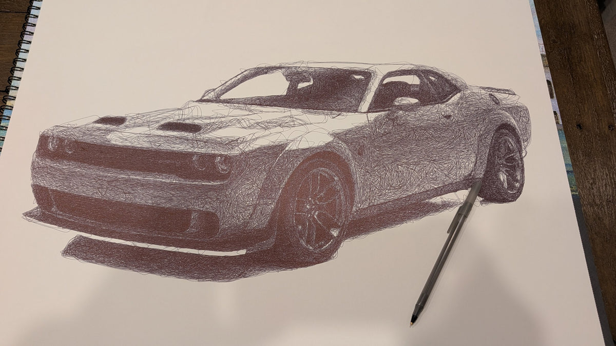 Dodge Challenger Hellcat: Black Pen Drawing