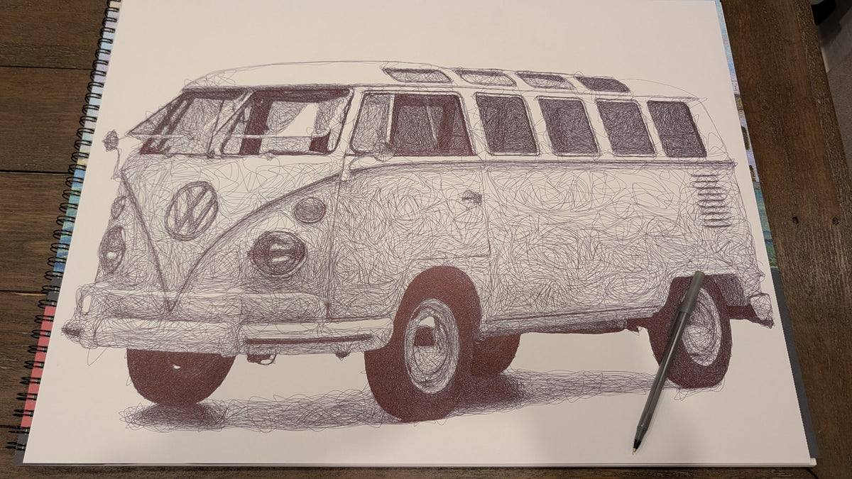 VW Bus: Black Pen Drawing